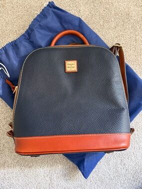 Dooney & Bourke Navy Pebble Leather Backpack with Brown Trim